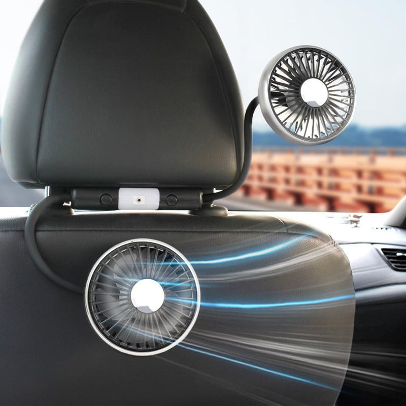 Double 360° Hose Fan for Car Back Seat, USB Headrest Fan with LED Light, Adjustable 3-Speed, Portable Cooling Fans for Vehicle SUV RV Truck Headrest