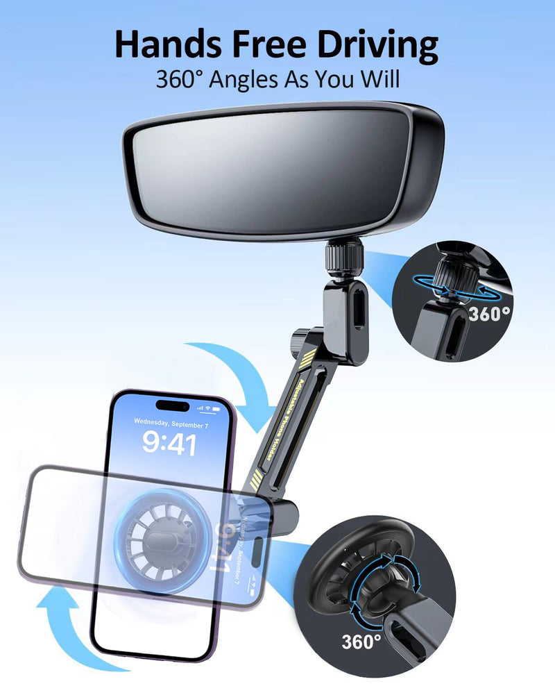 Magnetic Phone Holder for Car, Rear View Mirror Phone Holder Car Mount Magsafe 360 Adjustable with Metal Body, Aluminum Alloy Rearview Cellphone Stand Fit for iPhone 16 15 14 13 12 Series