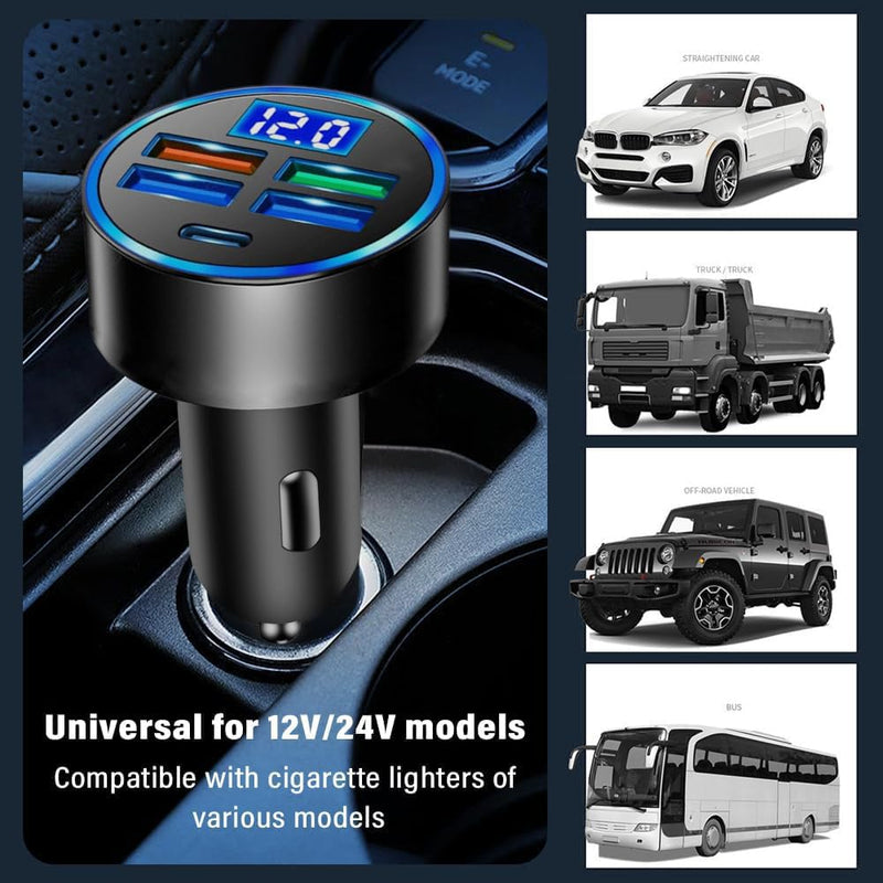 5-in-1 Car Charger, Fast Charging Car Adapter, USB Cigarette Lighter Car Accessory, Car Charger Compatible with Iphone14/14pro/13/12/Ipad/Tablet/Samsung and More. (Black)