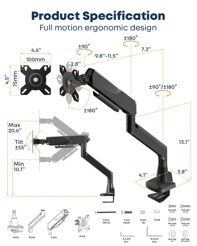 Ultrawide Monitor Arm fits 17-49 Inch Heavy Duty Flat/Curved Monitor | Cable Management, Full Motion, Gas Spring Arm, Holds 35.2 lbs with Clamp & Grommet Desk Mount, VESA 75/100mm, Black Single Arm