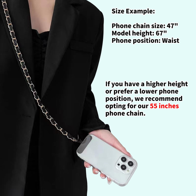 2PCS Cell Phone Chain Crossbody,Phone Lanyard,47.2" Metal Chain with Leather Strap for IPhone Case Black-47inch