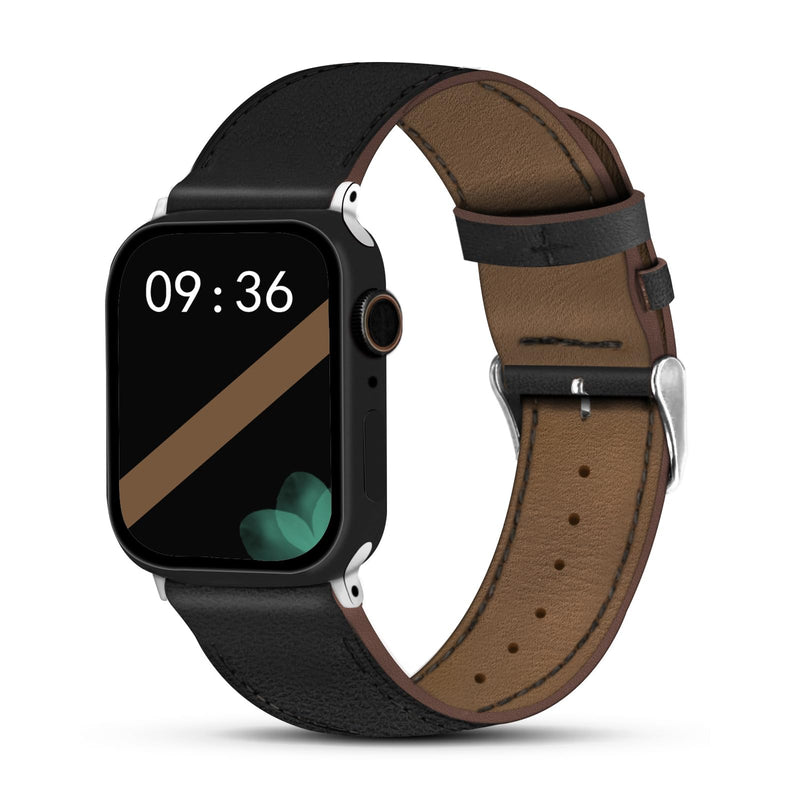 2 Pack Genuine Leather Band, Black and Beige Couple Watch Bands Compatible with Apple Watch Men Women 38mm 40mm 41mm 42mm 44mm 45mm 46mm 49mm