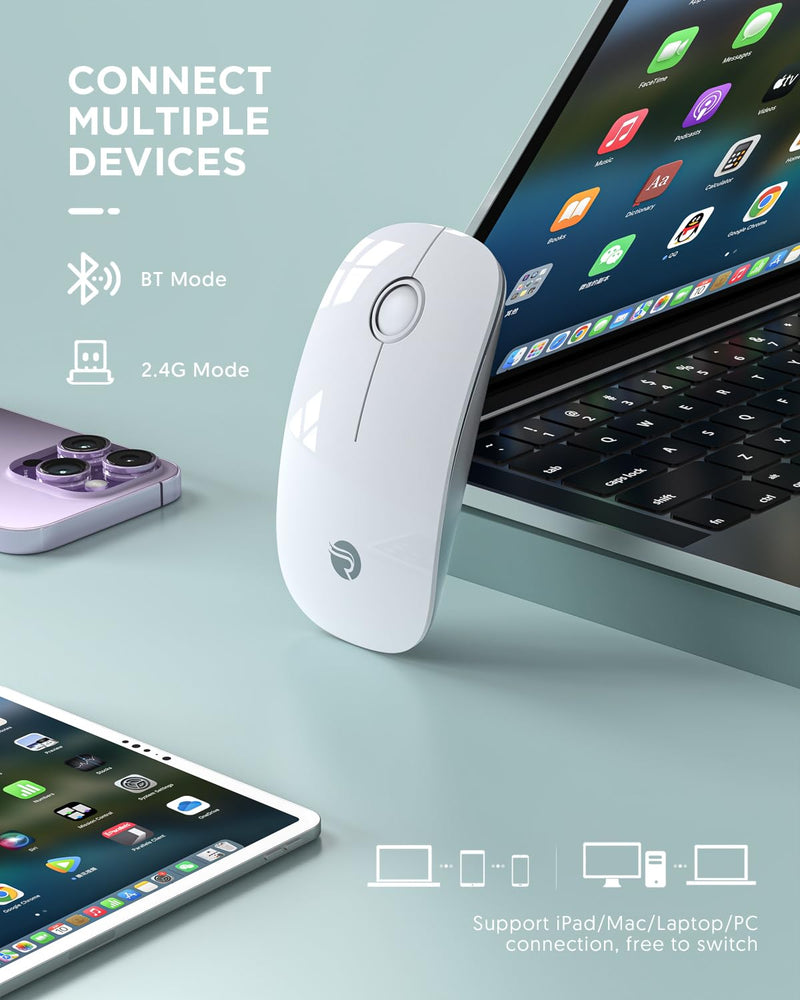Bluetooth Wireless Mouse - (BT5.1+USB) Slim Dual Mode Computer Mice with Quiet Click, Low Power, and 1600 DPI, Portable Cordless for MacBook, Laptop, iPad Pro/Air, Chromebook (White) White