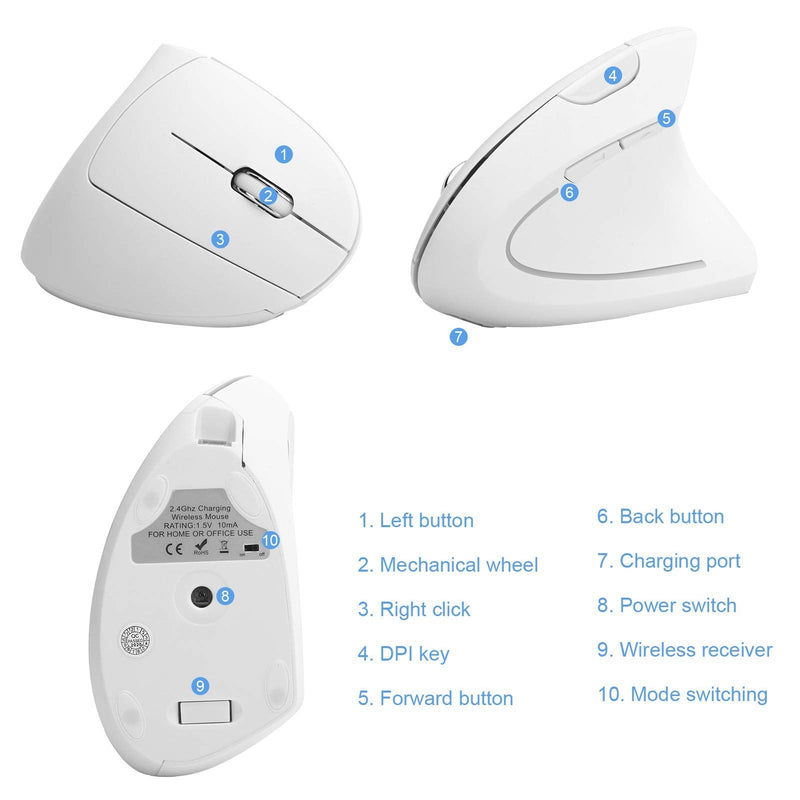 Ergonomic Vertical Mouse, 2.4G Wireless Optical Game Mouse, RGB Backlight, Adjustable 4-Level 2400DPI, 6 Button for PC/ Laptop Desktop(White)