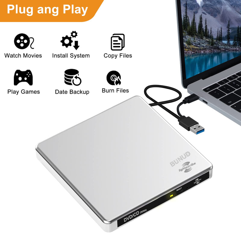 External CD DVD Drive LightScribe CD/DVD +/-RW Burner Player Writer Optical Disk Reader Portable CD DVD Drive for Laptop Mac MacBook PC Windows 11 10 Linux OS Silver
