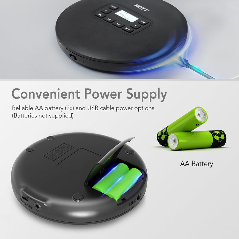 [AUSTRALIA] - HOTT C204 Basic Portable CD Player with Anti-Skip Protection - AA Battery Powered, Compact CD Players MP3/CD-R Compatible, Built-in Headphones & AUX Output for Car 