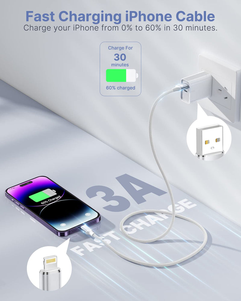 iPhone Charger [Apple MFi Certified] 6FT iPhone Charger Cord Fast Charging USB to Lightning Cable Braided USB iPhone Cable Cord Compatible with iPhone 14 13 12 11 Pro Max XR XS X 8 7 6 Plus SE, iPad iPhone Charger 6FT White
