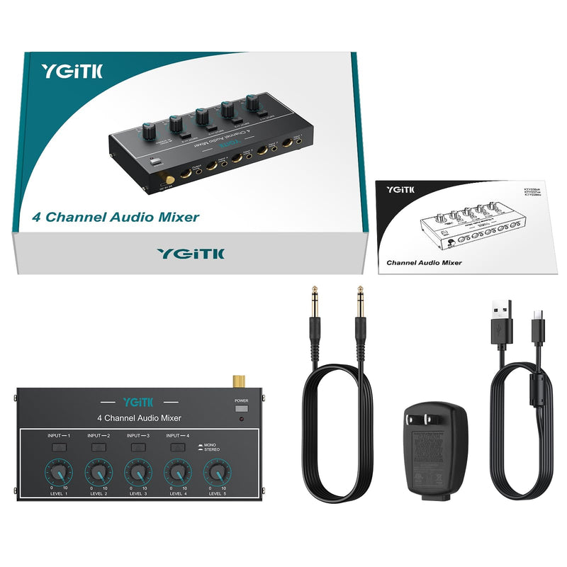Mini Audio Mixer, 4 Channel Stereo Line Mixer 1/4" & 1/8" TSR Audio Output Input Jack, Line Mixer Stereo/Mono Independent Control and Switch for Guitars,Bass,Keyboards, Dynamic Microphone