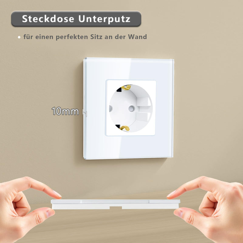 TAWOIA Schuko Socket, EU Standard 1 Compartment Socket Glass Flush-Mounted Socket, Sockets with Crystal Glass Plate, Wall Sockets, White, 86 x 86 mm 1-gang