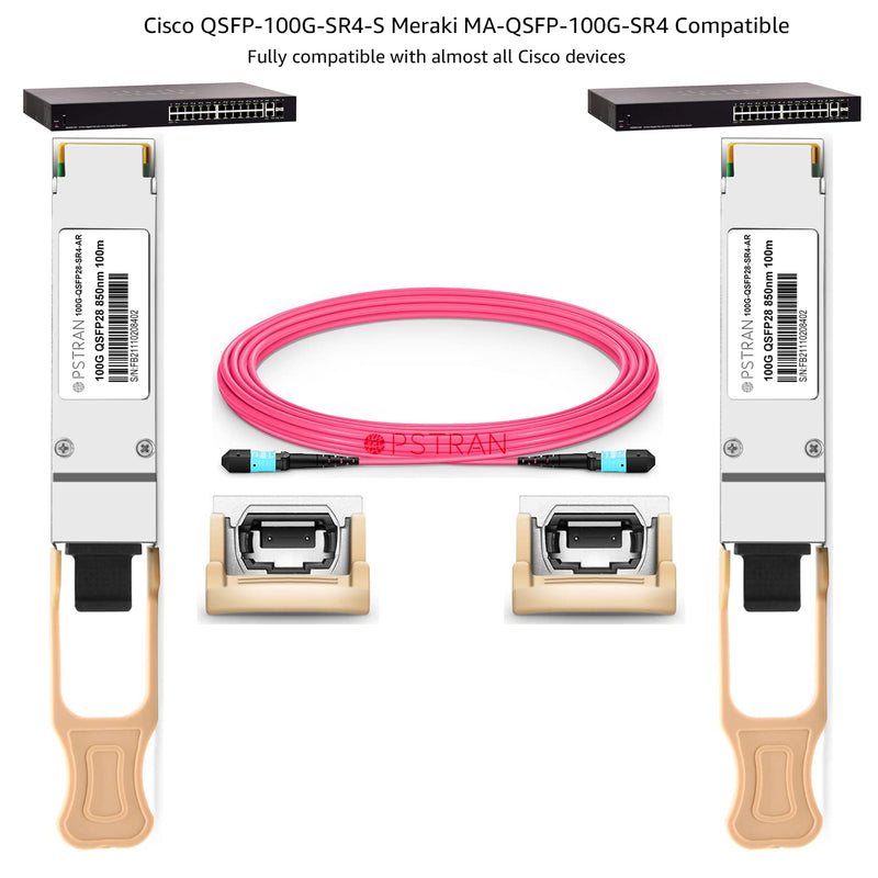 100GBASE-SR4 QSFP28 Optical Transceiver Module Compatible with Cisco QSFP-100G-SR4-S Meraki MA-QSFP-100G-SR4 100G QSFP28 SR4 850nm 100m DDM MPO-12/UPC MMF 100GBASE-SR4: 100m for Cisco