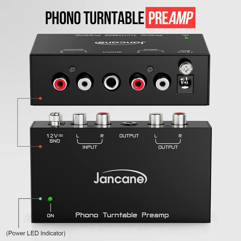 Jancane Phono Preamp for Turntable- Mini Electronic Audio Stereo Phonograph Preamplifier with RCA Input, RCA/TRS Output, Low Noise Operation, with 12 Volt DC Adapter Mini Phonograph Preamplifier-Black