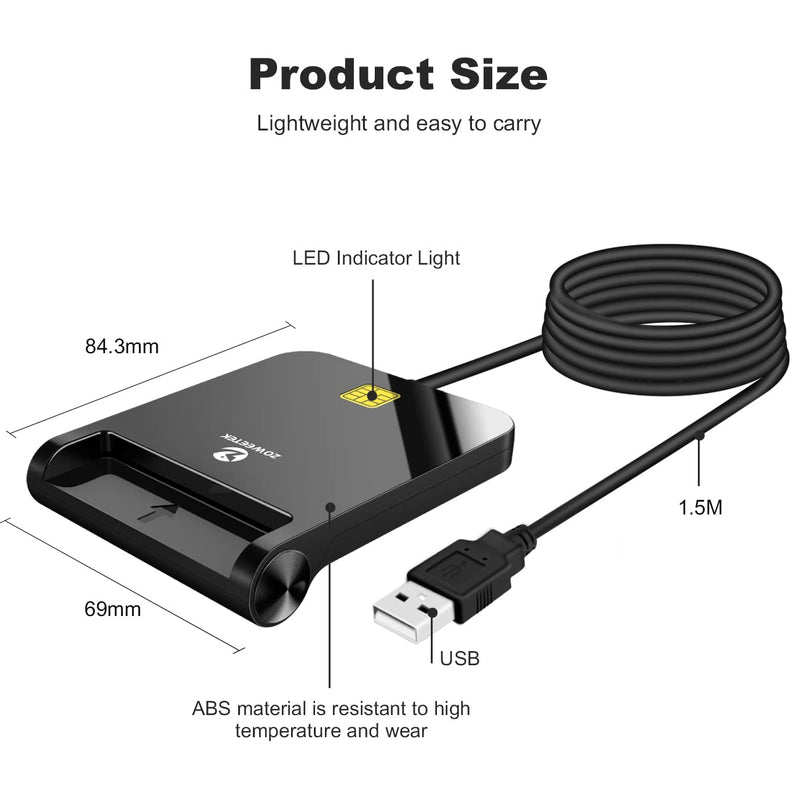 ZOWEETEK CAC Reader Military, CAC Card Reader Military, Smart Card Reader Military, Compatible with Windows, Mac OS and Linux USB A