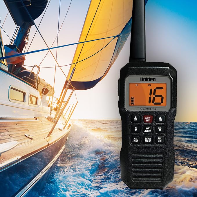 [AUSTRALIA] - Uniden Atlantis 155 Handheld Two-Way VHF Marine Radio, Floating IPX8 Submersible Waterproof, Dual-Color Screen, All USA/International/Canadian Marine Channels, NOAA Weather Alert, 10 Hour Battery 
