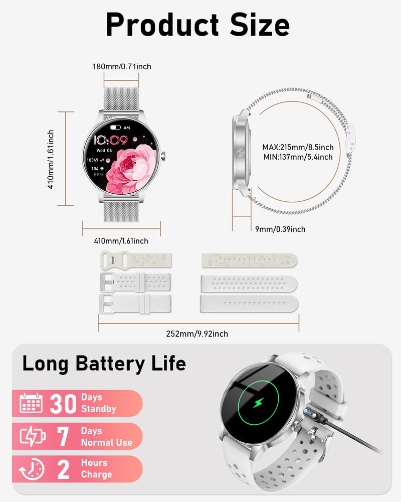 Smart Watches for Women, 1.27'' TFT Fitness Watch With Bluetooth Answer/Make Call,24H Heart Rate/SpO2/Sleep Monitor/Menstrual Cycle/120+ Sports Fitness Tracker for iPhone Android iOS(4 Straps,Silver) Silver