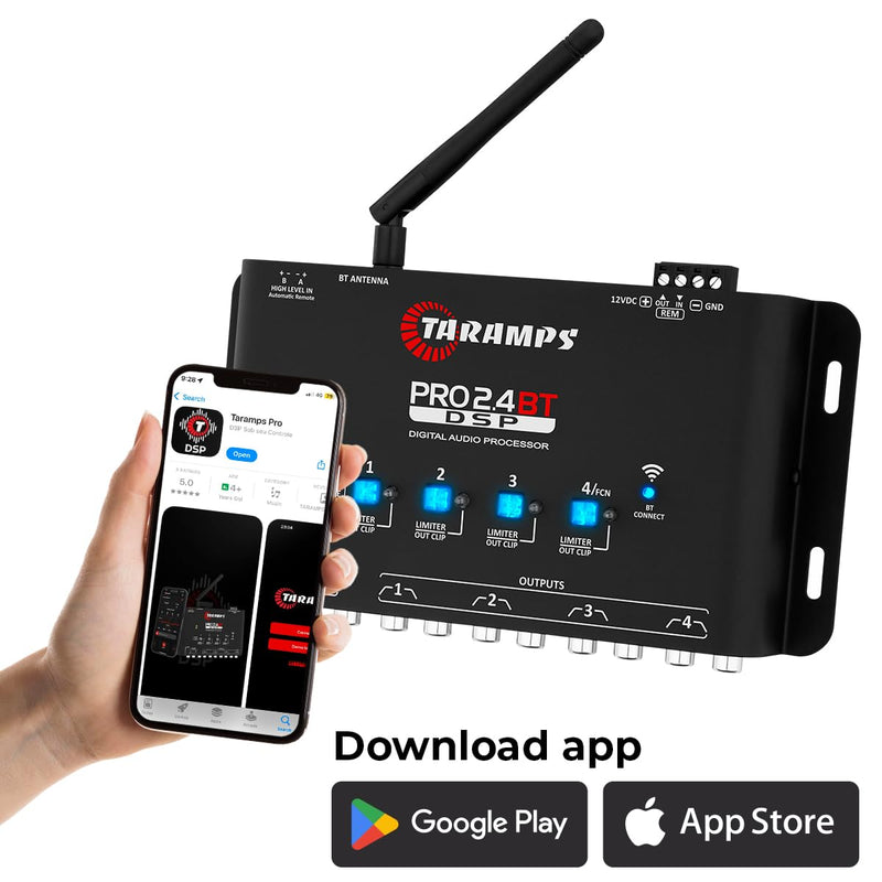 Taramps Pro 2.4 BT Bluetooth DSP Crossover Full, Digital Signal Processor, Car Audio Equalizer with App, Gain up to 9V, 15 Band Graphic Equalization, 12 preset EQ, 2 in and 4 Out, High Level Input