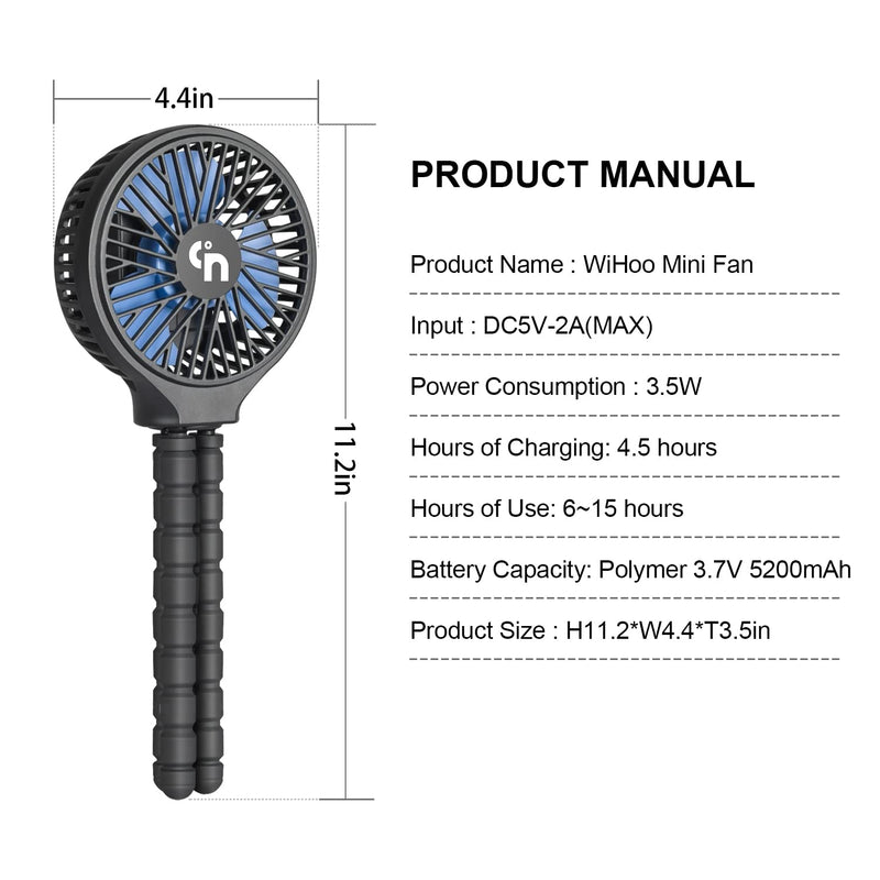 WiHoo Mini Handheld Stroller Fan,Personal Portable Fan Car Seat Baby Fan with Flexible Tripod Fix on Stroller,USB or Battery Operated Desk Fan Adjustable 3 Speeds for Camping Black