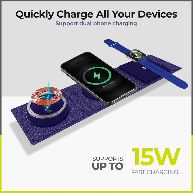 ZTAR 3-in-1 Wireless Travel Charger for iPhone 16/15/14/13/12, Samsung Galaxy with Wireless Capabilities, Earbuds & Apple Watch, Portable Foldable MagSafe Charging Pad for Multiple Devices PURPLE