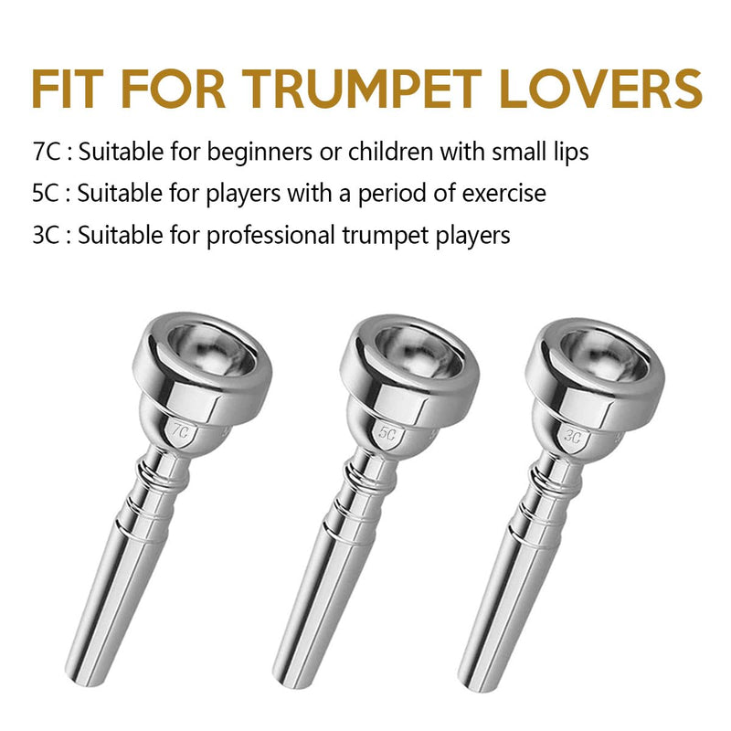 [AUSTRALIA] - 3 Pack Trumpet Mouthpiece (3C 5C 7C) with Lightweight Aluminum Practice Trumpet Mute Silencer Fit for Yamaha Bach Conn King Replacement Musical Instruments Accessories, Silver 