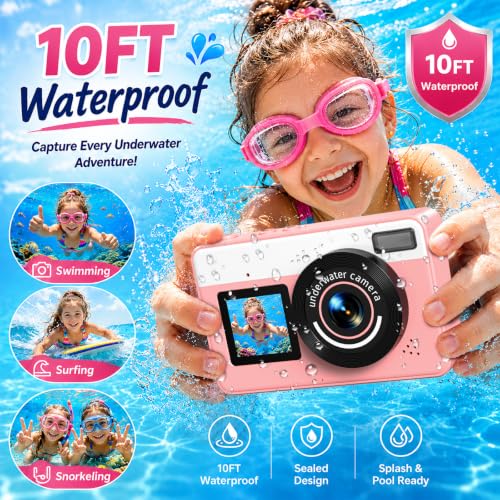 10FT Underwater Camera 4K 48MP Waterproof Digital Camera for Teens Pink