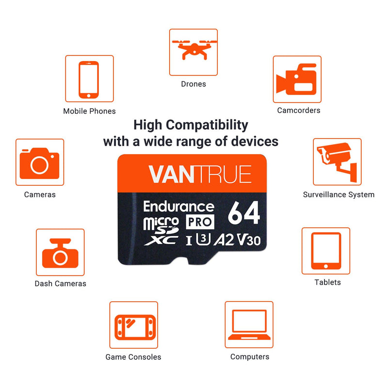 Vantrue 64GB microSD Card with Adapter, U3 UHS-I High Speed SD Card for Dash Cams & Home Security System Video Cameras Vantrue 64GB microSD Card