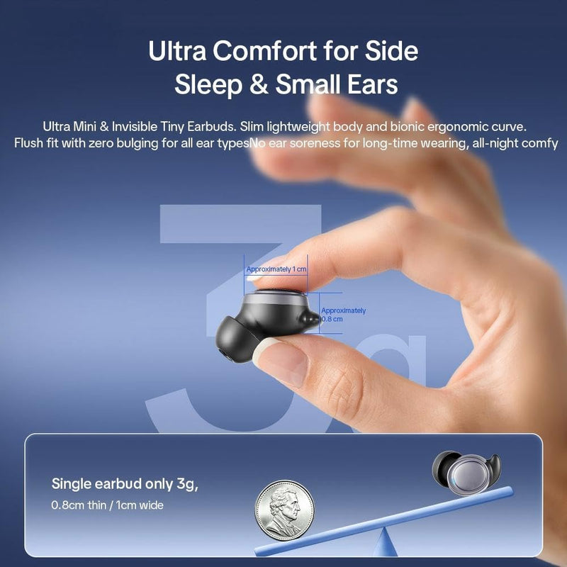 NE96 Sleep Earbuds Bluetooth 6.0 for Side Sleepers Mini Invisible Earbuds | Wireless Bluetooth Earbuds with Noise Blocking, Sleep Headphones, Comfortable Ear Plugs for Sleeping, 80H 3-size ear cap Deep Black