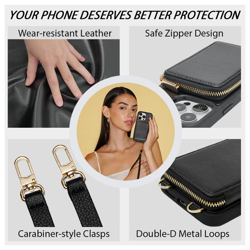 ZVE iPhone 13 Pro Max Crossbody Wallet Case, Card Holder Phone Case for Women, Zipper Leather Purse with Wrist Strap, RFID Blocking Cover Gift for iPhone 13 Pro Max (6.7 inch, 2021)- Black iPhone 13 Pro Max, 6.7"