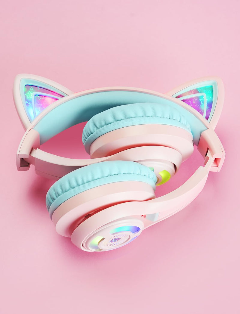iClever Cat Ear Kids Bluetooth Headphones, LED Lights Up, 74/85/94dB Volume Limited, 50H Playtime,Bluetooth 5.2, USB C, Kids Headphones Wireless for Travel iPad Tablet, Meow Macaron (Pink) Pink