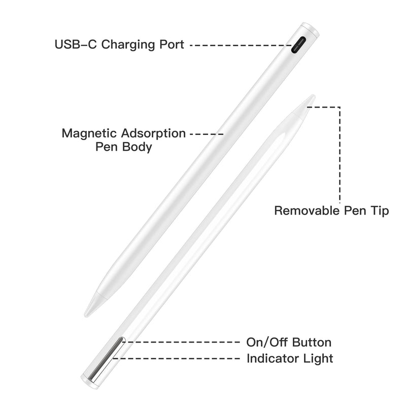 Stylus Pen Compatible for iPad (2018 and Later) ,Palm Rejection, Compatible with iPad Pro 11&12.9 Inch,iPad Air (3rd/4th/5th),iPad Mini(5/6th),iPad(6/7/8/9th),Tilting Detection (White) White