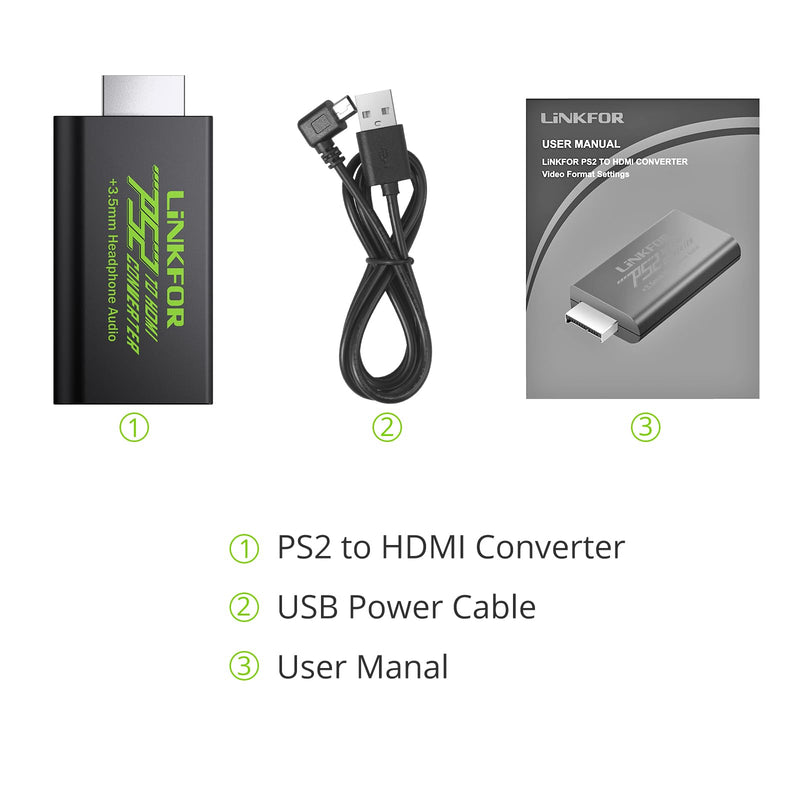 LiNKFOR PS2 to HDMI Converter for Playstation 2 PS2 to HDMI Adapter with 3.5mm Headphone Audio Jack for HDTV HDMI Monitor (PS2 to HDMI Converter)