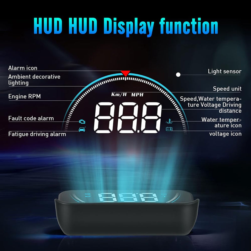 Windshield Head Up Display for Cars, OBD2 Head Up Display Digital Speedometer for Car HUD Projector Car Speedometer Display with RPM, Volt, Water Temp, Mileage, Overspeed Alarm, Fatigue Driving Alarm