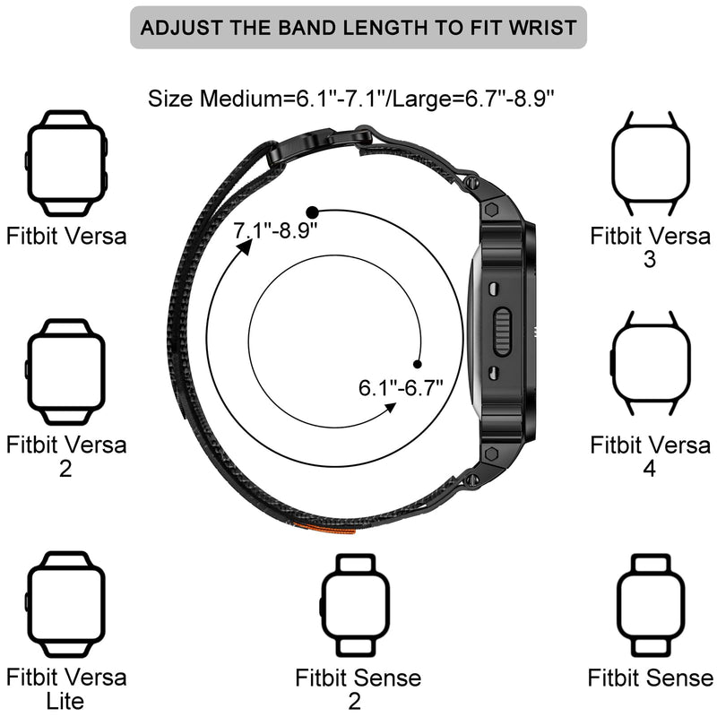 MioHHR Nylon Bands with Stainless Steel Case for Fitbit Versa 4 3 2 1 Lite | Breathable Adjustable Strap and Metal Protective Cover Compatible with Fitbit Sense 2 1 for Men 6.1"-8.9",Durability Black Large-（6.7''-8.9''）