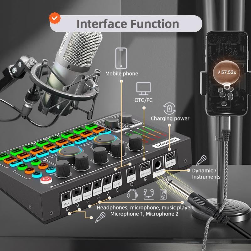 F999MAX Live Sound Card, Professional Audio Mixer & Noise Reduction, Metal Body & Indicator Panel, Audio Interface & Voice Changer, RGB Lighting Effects, DJ Mixer for Live/Gaming/Podcasting/Karaoke