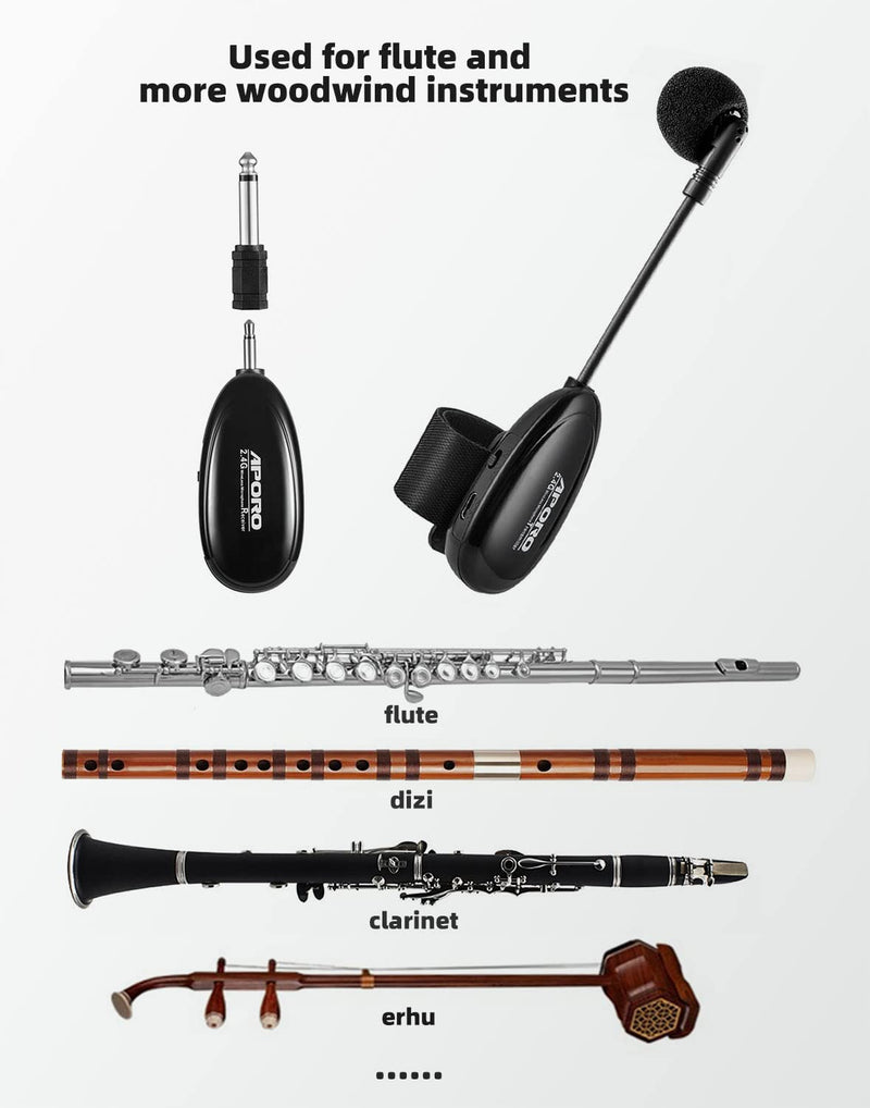 2.4G Wireless Flute Microphone Tie on Music Instruments Microphone, Wireless Receiver and Transmitter, for Flute and More