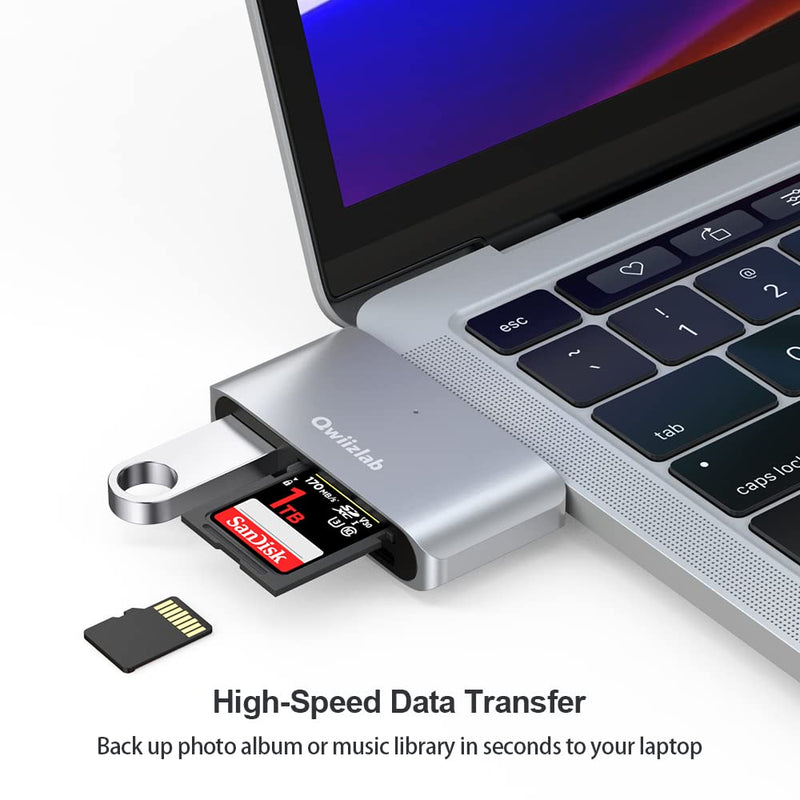 Qwiizlab 4-in-1 USB-C 3.0 Hub, SD/Micro Memory Card Readers, USB-A 5Gbps, USB-C 2.0, for MacBook Air Pro iMac HP XPS Lenovo Windows Laptop PC(Silver) Silver