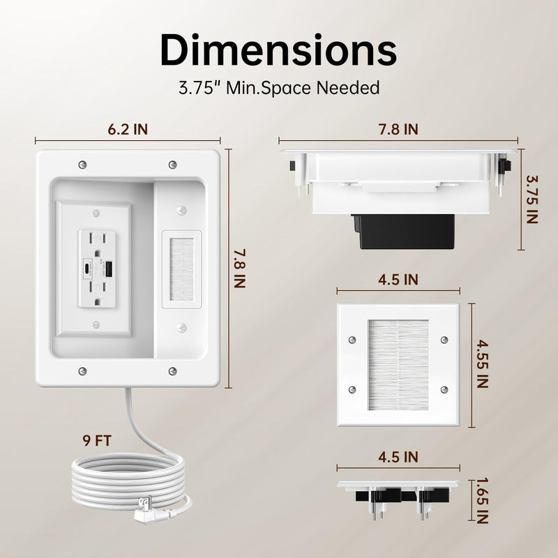 in Wall Cable Management Kit with Recessed Power Outlet for Home Theater | Dual AC Outlet and USB A+C Port, TV Cord Hider for Wall Mounted TV - 9FT Cord, HDMI TV Cable Hider, Safe Cable, Easy Setup