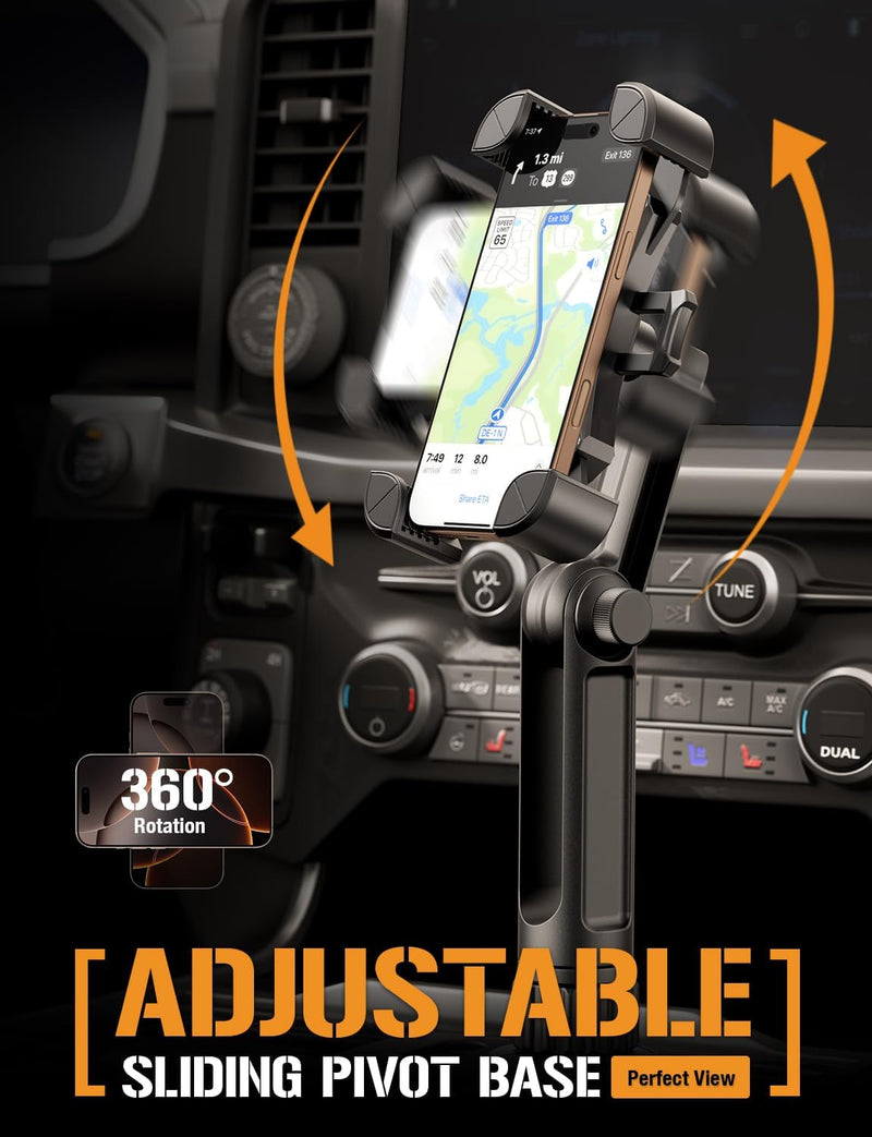 ToughTested Cup Holder Phone Mount, Heavy Duty Boom Arm, Adjustable Grip | Adjustable cell phone holder with a no-vibration boom arm, 360° rotation, quick-release button, and case-friendly design