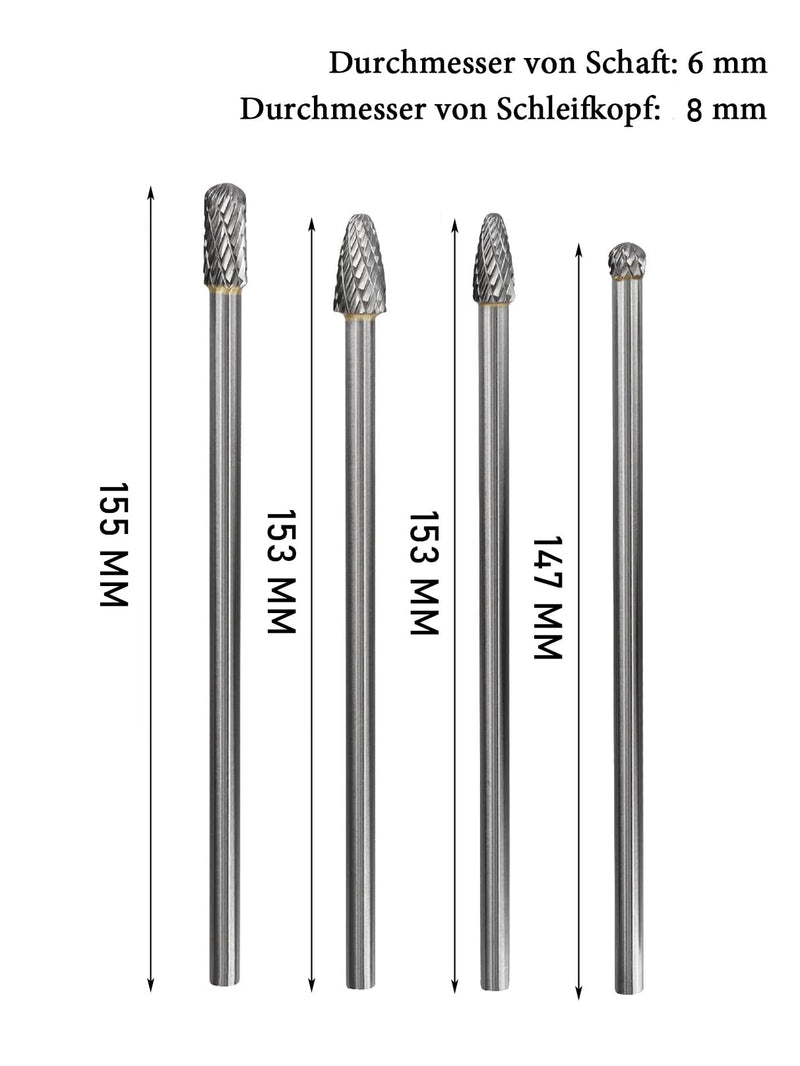 Treki Set of 4 Long Carbide Burrs with 6 mm Shank Carbide Milling Cutter Attachment for Drill, Tungsten Steel Cutter Bits Wood Carving Drill Bit Set for Woodworking, Metal Cutter Wood Cutter