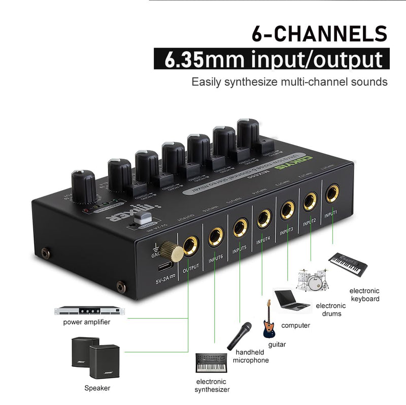 [AUSTRALIA] - Mini Audio Mixer, 6-Channel Stereo Line Mixer for Precision Sub-Mixing, with Ultra Low-Noise Operation, Independent Microphone Control, 1/4" TRS Input/Output-for Guitars, Bass, Stage Mixer 