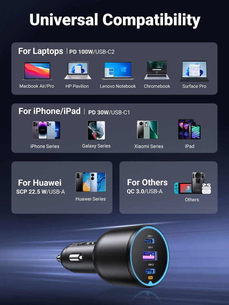 UGREEN 130W USB C Car Charger, PD 100W +PD 30W Type C Car Charger Adapter, Fast Charging Car Charger Compatible with iPhone 15 15 Plus 15 Pro 15 Pro Max, Galaxy S24 S23 Ultra, iPad, MacBook, and More
