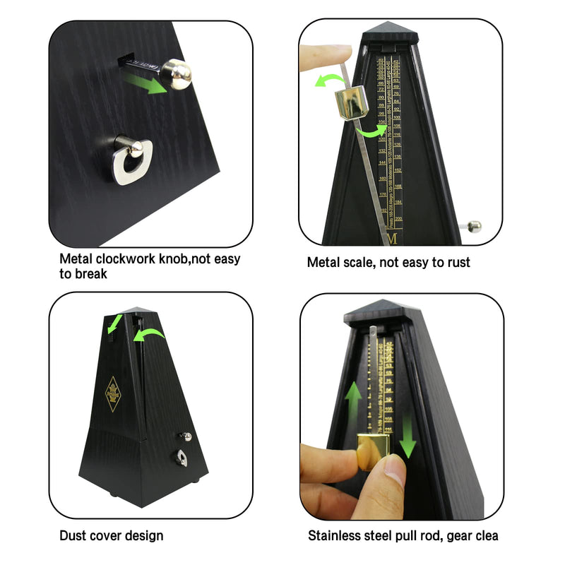 Mechanical metronome, universal music timer for piano, guitar, drums, violin and saxophone musicians, pyramid-designed DPM-1 music metronome, ebony color