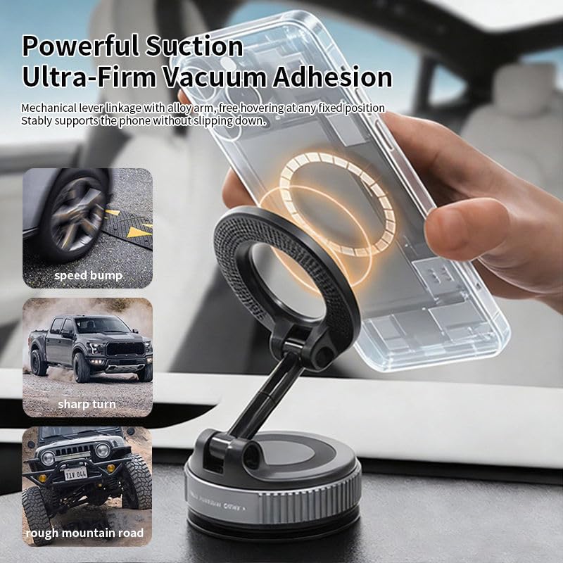 Vacuum Lock Magnetic Car Phone Mount, Universal Holder for All Phones, Anti-Vibration Strong Magnet 360° Foldable Holder for Dashboard, Windshield, Mirror & Gym, Compatible with Magsafe