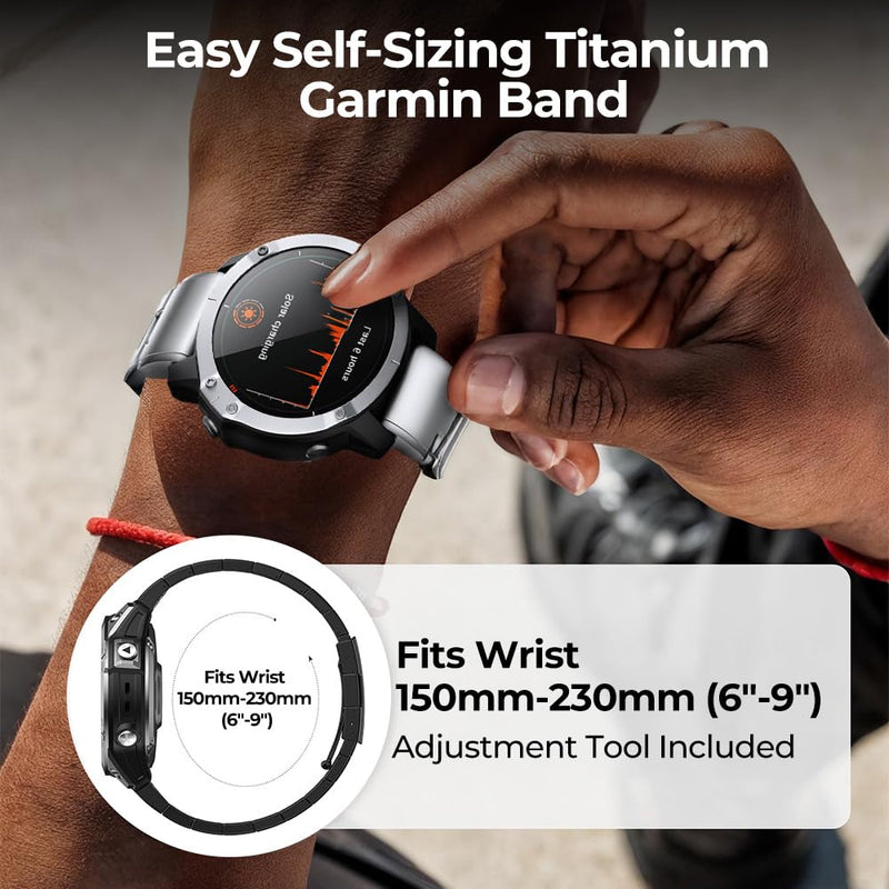 Rugged Titanium QuickFit Metal Band for Fenix/Instinct/Tactix/Epix/Forerunner, 22mm 26mm No Gap Fenix 8 Watch Strap, Lightweight Skin-Friendly Durable for Running Outdoor Sports silver
