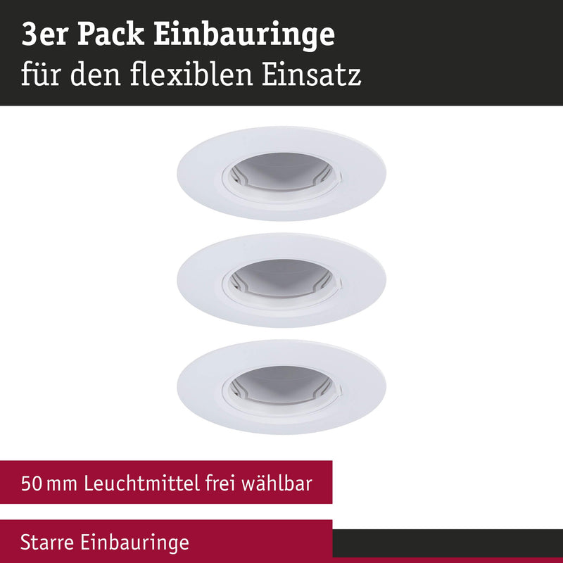 Paulmann 92112 Recessed Light Set of 3 Rigid Round 90 mm GU10 Max. 3 x 10 W 230 V White Recessed Lamp