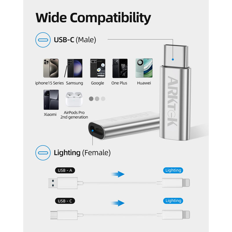 ARKTEK USB-C Adapter i OS Lightning Cable (Female) to USB Type C (Male) - Only Charging Adapter for iPhone 15 Series Galaxy S24/Note 20, Pixel 8 and More (2 Pack, Silver)