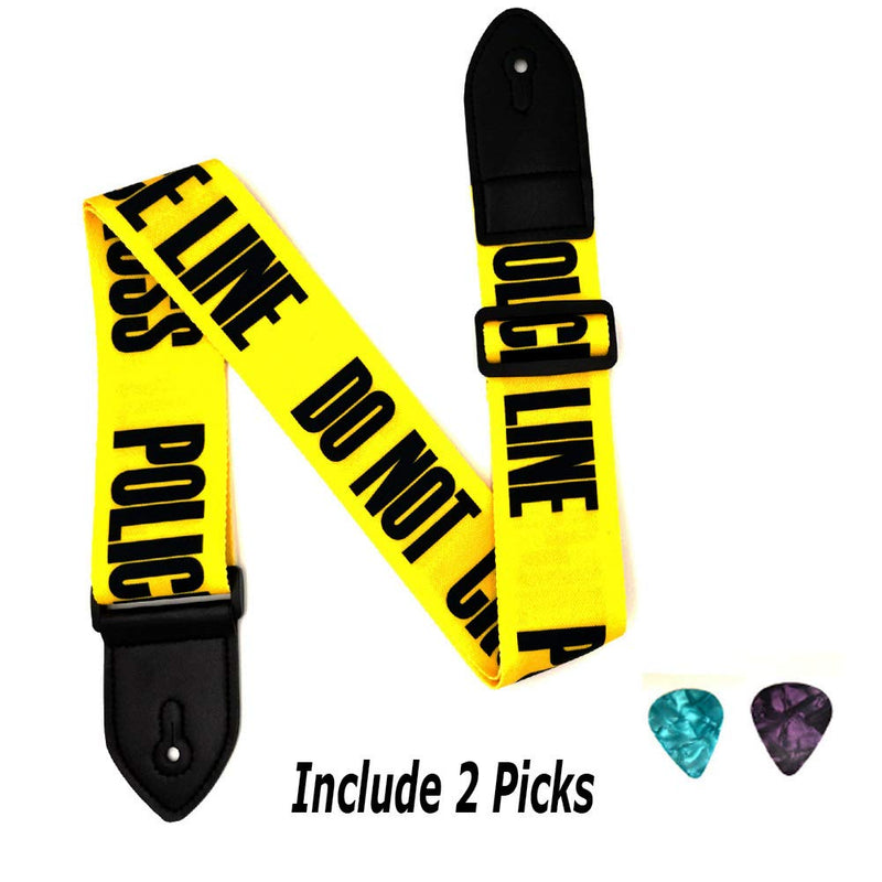 Acoustic Guitar Strap Electric Guitar Straps with Leather Ends Adjustable Classical Suitable For Bass, Electric & Acoustic Guitars (Yellow Police Line)