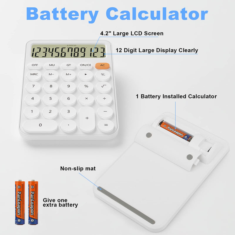 Cute Calculators Desktop Size 6.3 * 4.3in/16 * 11cm, DECKLIT Battery 12 Digit Desk Calculator Extra Large LCD Display, Great Desktop Calculator Big buttons, 15°Tilt Screen for Kids Calculator(White) white