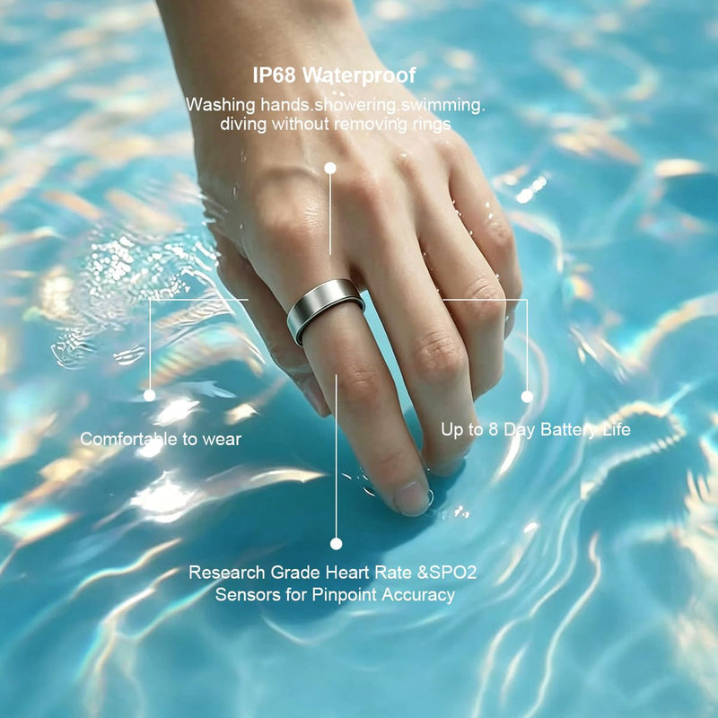 Smart Ring for Women Men Health Tracker Ring No APP Fee 7-Day Battery Life IP68 Waterproof Sleep Step Monitor(Silver, 7) Silver