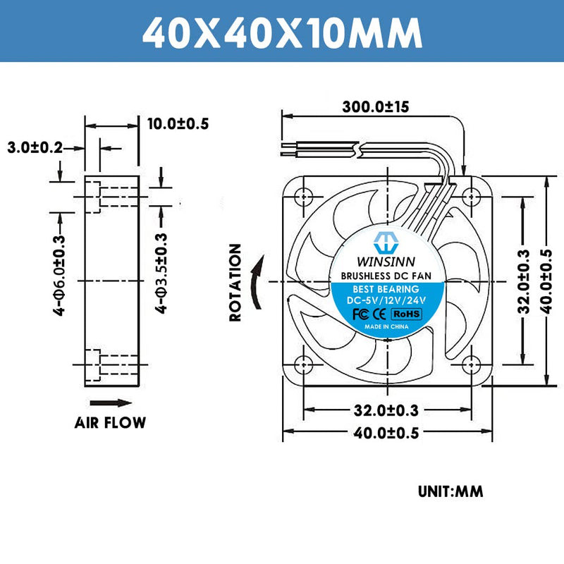 WINSINN 40mm Tiny Cooling USB Fan 5V, Micro Mini USB 5 Volt Fans 4010 Hydraulic Bearing, 1000mm/39in Cable Brushless Cooling 40mmx10mm (Pack of 4Pcs) DC 5V - 39in(1000mm) - USB