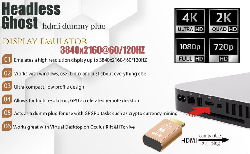 4K 120Hz hdmi Dummy Plug - Display to hdmi Adapter, Luna Display Virtual Window for Home-edid Emulator-Dummy, displayport Headless dummie dongle(HDMI-2.1port-4K-120Hz-3P) HDMI-4K@120Hz-3Pack