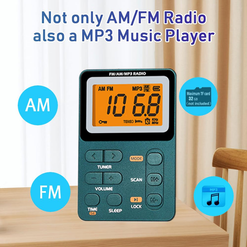 Portable Radio AM FM, Rechargeable Pocket Radio with Best Reception Digital Tuning, MP3, Stereo Earphone, Large LCD Screen, TF Card Socket, Transistorfor Radio for Jogging/Gym/Camping…
